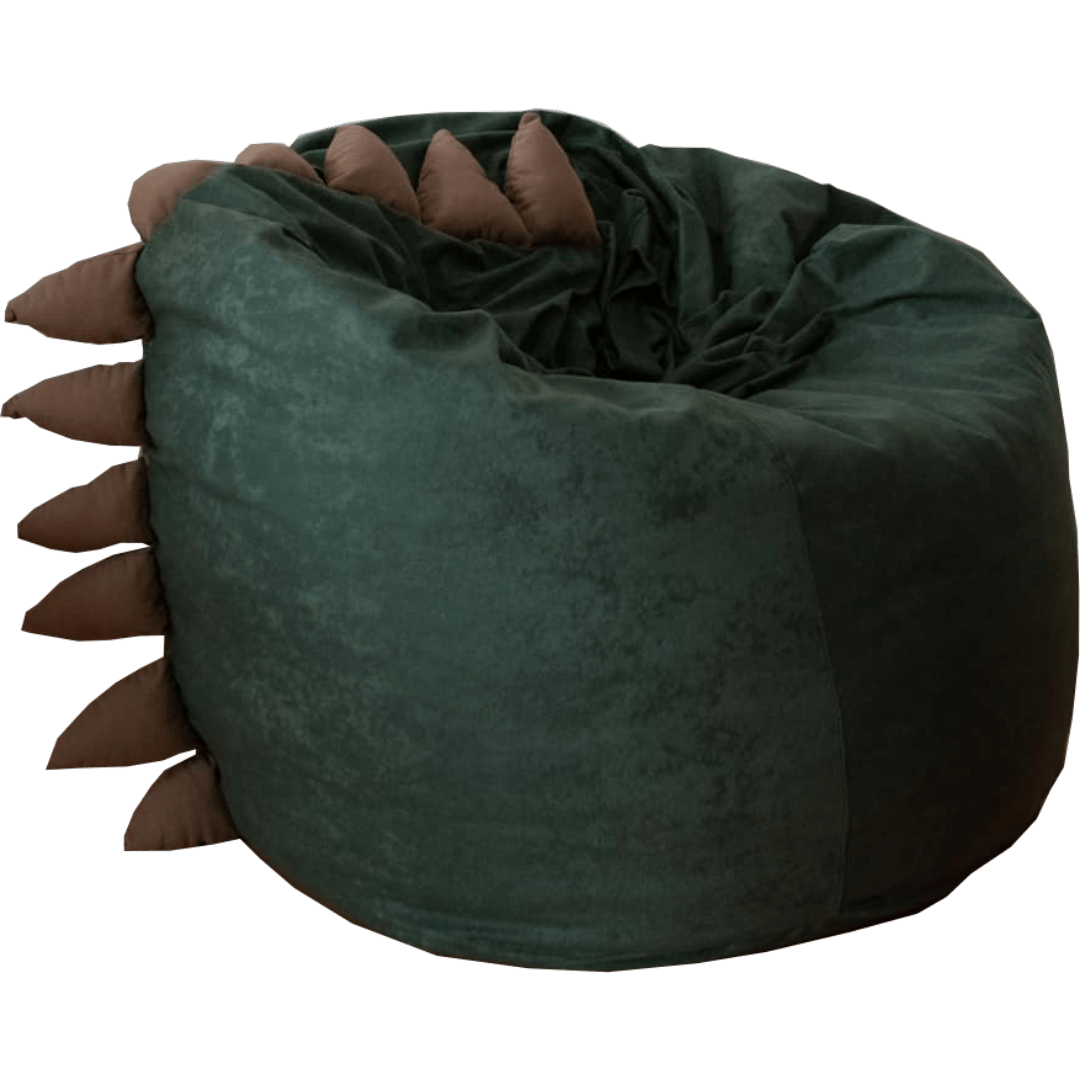 Green bean bag with dinosaur motiv on it.